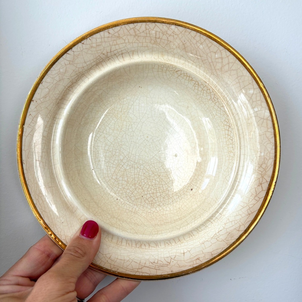 US Pottery Co Wellsville Ohio Semi Vitreous Gold Trim Crazed Soup Bowl 7.75in